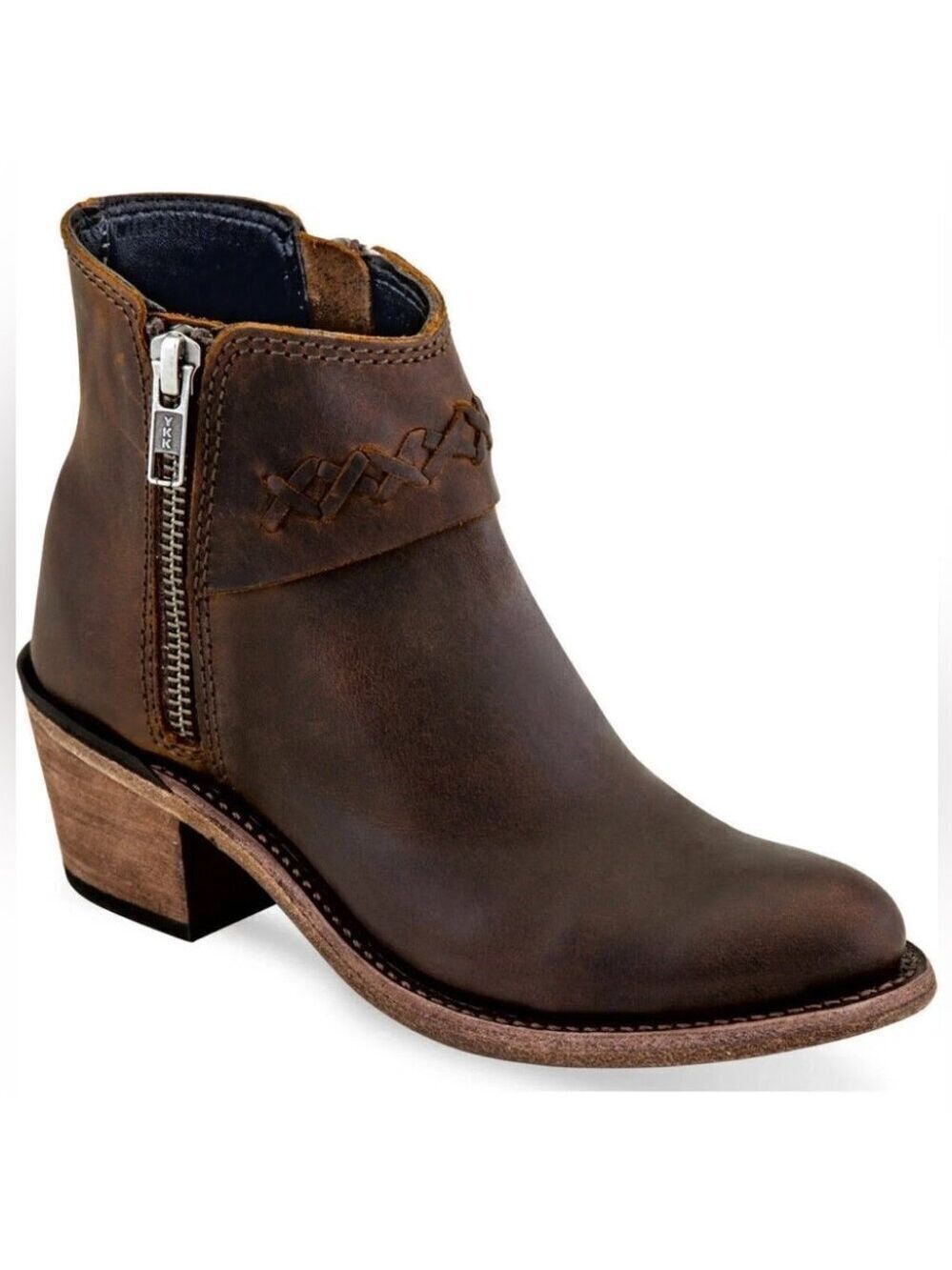 * Old West Braided Stitch Brown Leather Western Ankle Boots Size 6